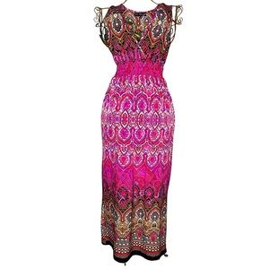 Mlle Gabrielle Pink Maxi Dress Size S Sleeveless Colorful Shirred Empire Waist